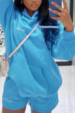 Blue Casual Print Patchwork Hooded Collar Long Sleeve Two Pieces