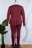 Burgundy Casual Solid Patchwork V Neck Plus Size Two Pieces