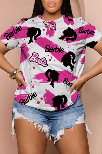 Rose Red Casual Print Basic O Neck T-Shirts