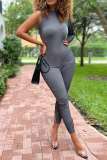 Grey Casual Solid Asymmetrical O Neck Skinny Jumpsuits
