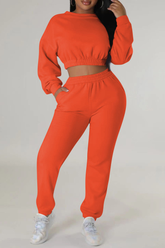 Orange Casual Solid Basic O Neck Long Sleeve Two Pieces