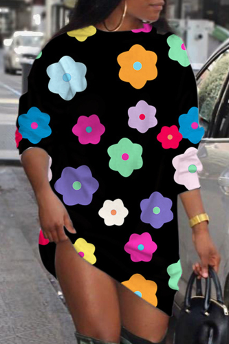 Black Casual Print Basic O Neck Long Sleeve Dresses