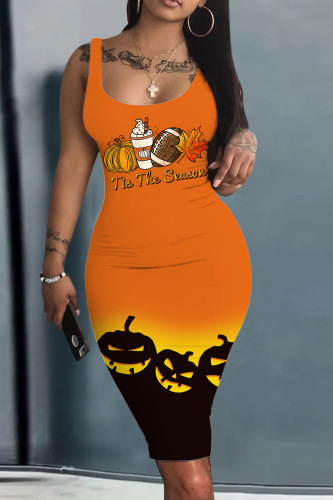 Halloween Costume Orange Pumpkin Print Sleeveless U Neck Pencil Skirt Bodycon Tank Midi Dress