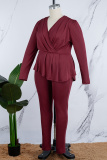 Burgundy Casual Solid Patchwork V Neck Plus Size Two Pieces