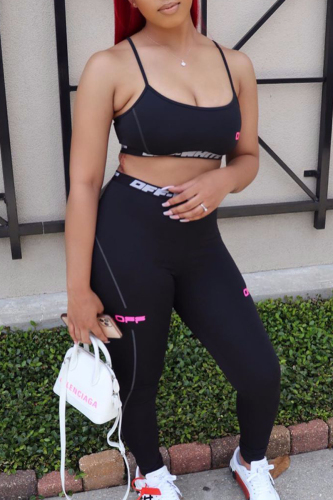 Black Sexy Sportswear Letter Patchwork Printing U Neck Sleeveless Two Pieces