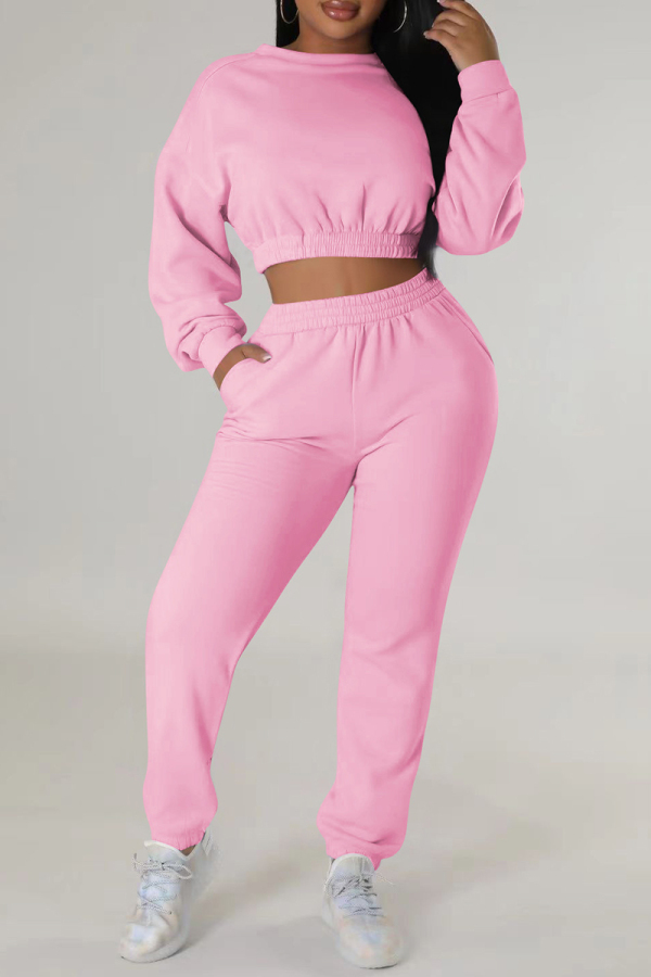 Pink Casual Solid Basic O Neck Long Sleeve Two Pieces
