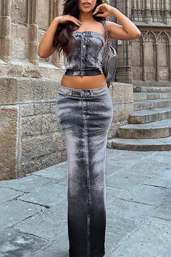 Grey Street Print Patchwork Buckle Backless Slit Strapless Sleeveless Two Pieces