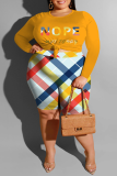 Orange Casual Print Patchwork Knotted O Neck Plus Size Two Pieces