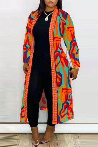 Tangerine Red Casual Print Patchwork Cardigan Outerwear