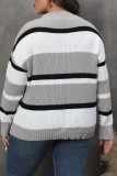 Grey Casual Striped Patchwork V Neck Plus Size Tops