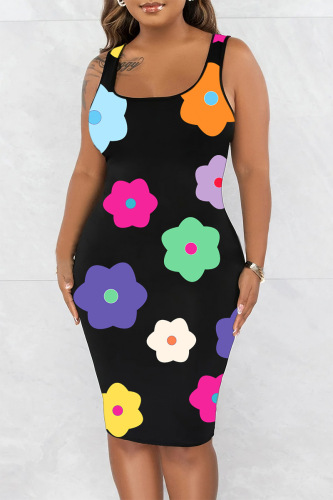 Black Casual Print Basic U Neck Vest Dress Dresses