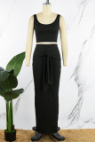 Black Casual Solid Patchwork Knotted U Neck Sleeveless Two Pieces
