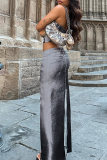 Grey Street Print Patchwork Buckle Backless Slit Strapless Sleeveless Two Pieces