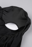 Black Street Solid Patchwork Mesh Asymmetrical Collar Wrapped Skirt Dresses
