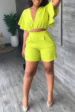 Fluorescent Yellow Casual Solid Patchwork Pocket Flounce V Neck Short Sleeve Two Pieces