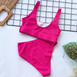 rose red Nylon Two Piece Suits Solid Patchwork Fashion adult Sexy Bikinis Set