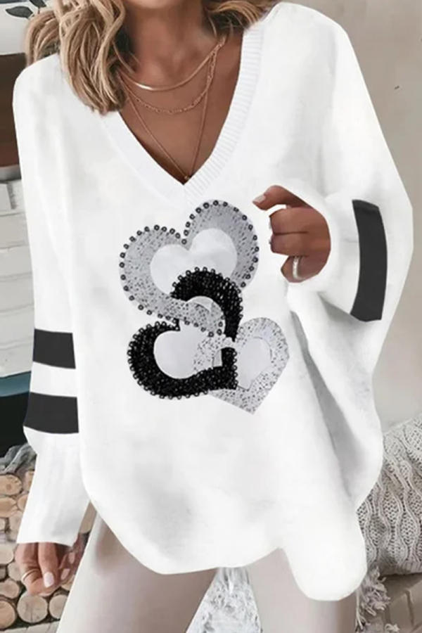 Black And White Casual Street Print Patchwork V Neck Tops