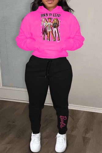 Rose Red Casual Character Print Letter Hooded Collar Long Sleeve Two Pieces
