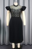 Black Casual Patchwork See-through O Neck Pleated Dresses