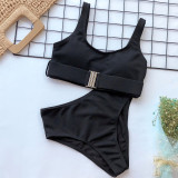 Black Nylon Two Piece Suits Solid Patchwork Fashion adult Sexy Bikinis Set