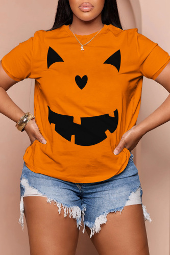 Orange Casual Print Basic O Neck T-Shirts