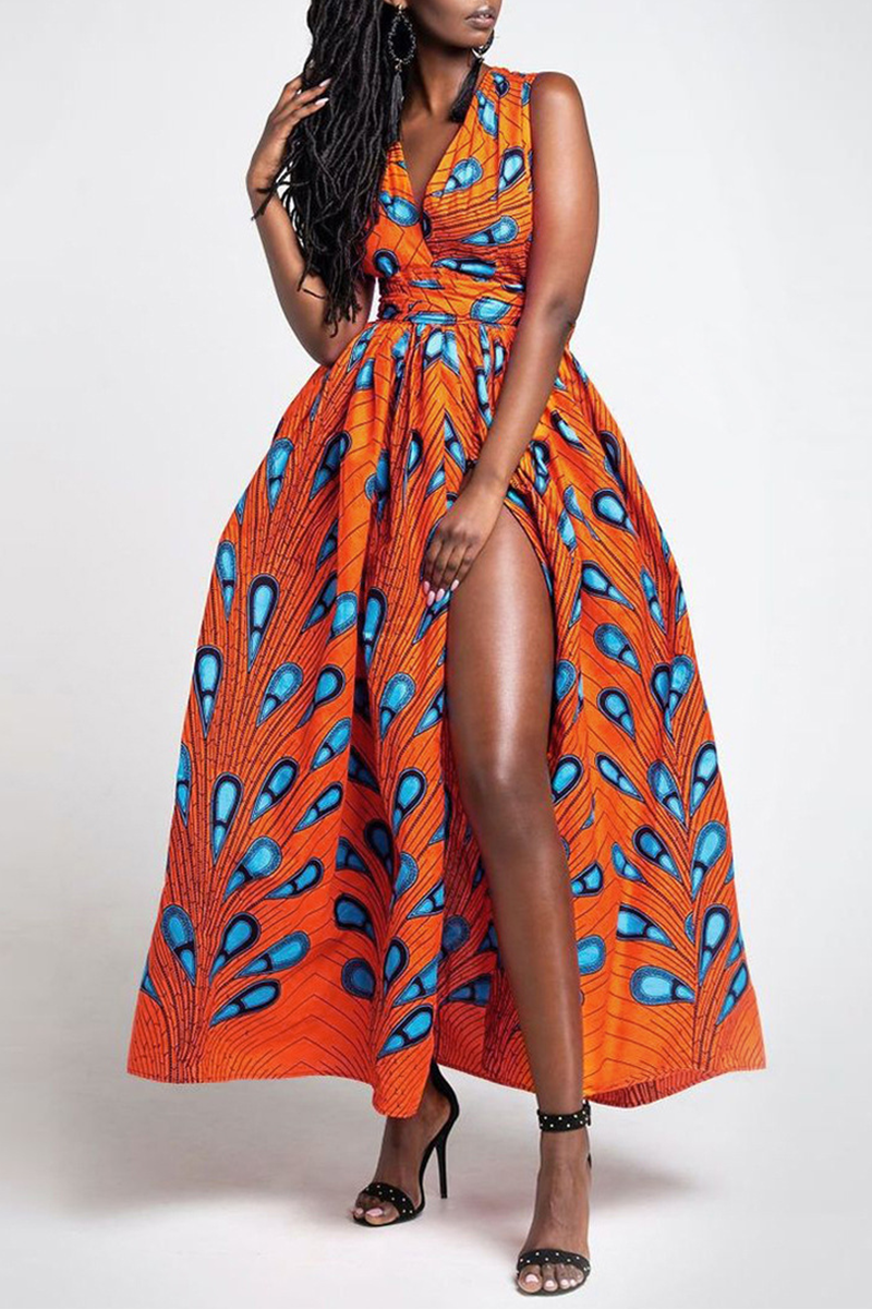 Orange print backless front knot summer dress .. M-L main image 0
