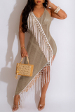 Khaki Casual Solid Tassel Hollowed Out Backless High Opening Swimwears Cover Up