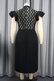 Black Casual Patchwork See-through O Neck Pleated Dresses
