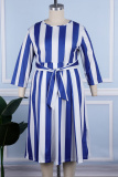 Blue Casual Striped Print Patchwork O Neck Plus Size Dresses