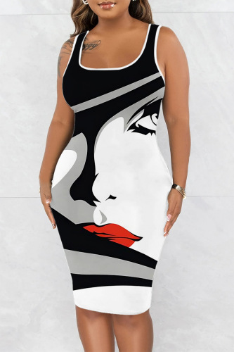 Black Gray Casual Print Basic U Neck Vest Dress Dresses