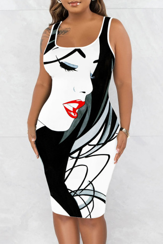 White Black Casual Print Basic U Neck Vest Dress Dresses