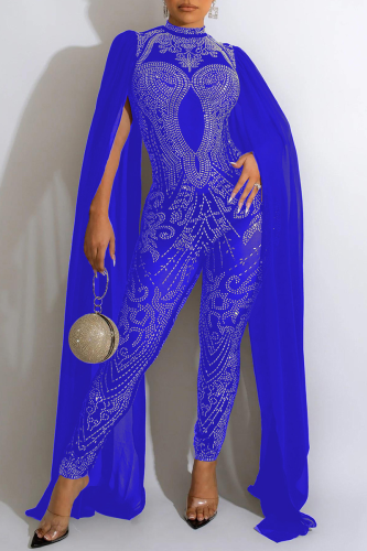 Blue Elegant Solid Patchwork Mesh Hot Drill Half A Turtleneck Skinny Jumpsuits
