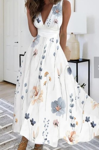 Yellow White Casual Print Patchwork V Neck Sleeveless Dress Dresses