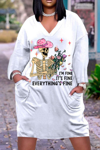 Halloween Costume White Yellow Skull Flower Print Deep V Neck Long Sleeve Loose Straight Midi Dress