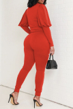 Red Casual Solid Basic O Neck Long Sleeve Two Pieces