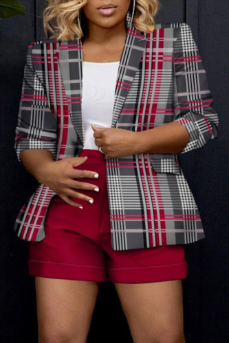 Red Street Plaid Printing Turn-back Collar Outerwear