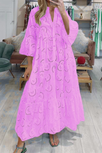 Pink Casual Solid Hollowed Out V Neck A Line Dresses