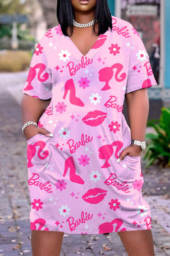 Pink Casual Print Patchwork V Neck Short Sleeve Dress