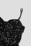 Black Sexy Patchwork Sequins Spaghetti Strap Sleeveless Dress Dresses
