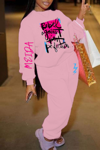 Pink Casual Letter Patchwork Pocket O Neck Long Sleeve Two Pieces