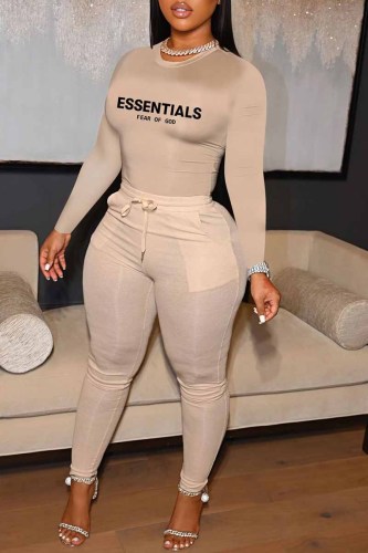 Khaki Casual Print Letter O Neck Long Sleeve Two Pieces