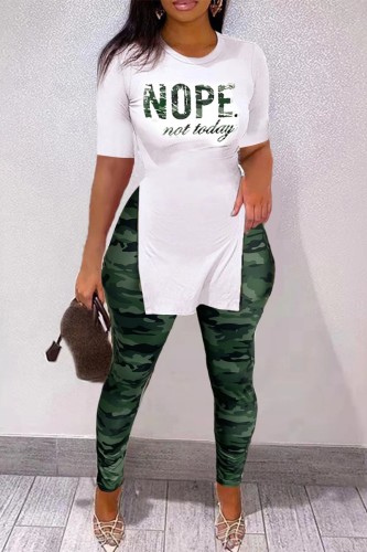 Green Casual Letter Print Slit Basic O Neck Short Sleeve Two Pieces