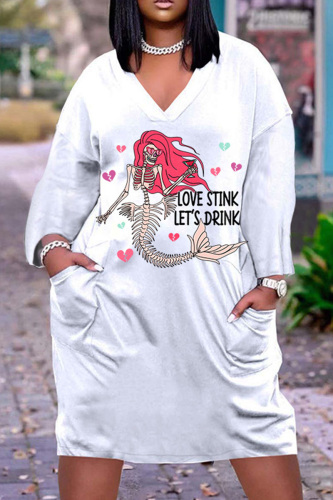 Halloween Costume White Apricot Skull Flower Print Deep V Neck Long Sleeve Loose Straight Midi Dress