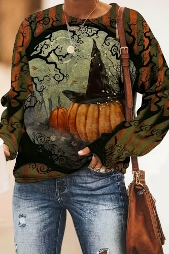 Multicolor Halloween Costumes Pumpkin Bat Print Long Sleeve Crewneck Women Sweatshirt