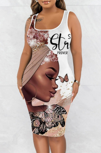 Light Coffee Casual Print Basic U Neck Vest Dress Dresses