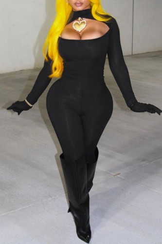 Black Casual Solid Hollowed Out Turtleneck Skinny Jumpsuits