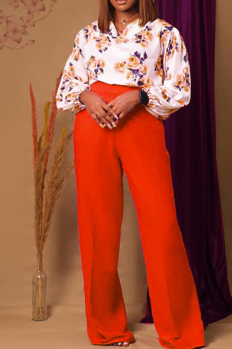 Tangerine Red Casual Print Patchwork O Neck Long Sleeve Two Pieces