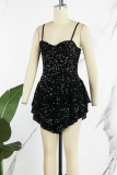 Black Sexy Patchwork Sequins Spaghetti Strap Sleeveless Dress Dresses
