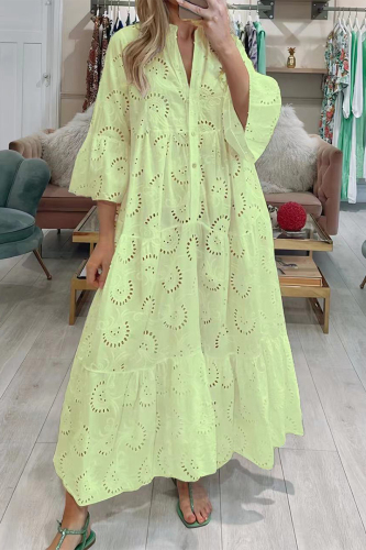 Yellow Casual Solid Hollowed Out V Neck A Line Dresses