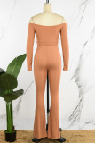 Apricot Sexy Solid Patchwork Backless Off the Shoulder Long Sleeve Two Pieces